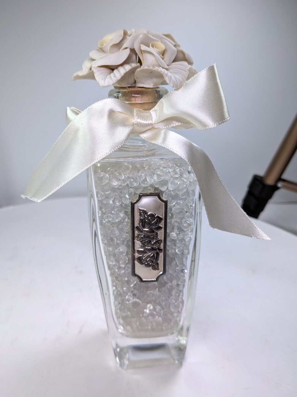 Vintage Square Glass Decanter with Porcelain Rose